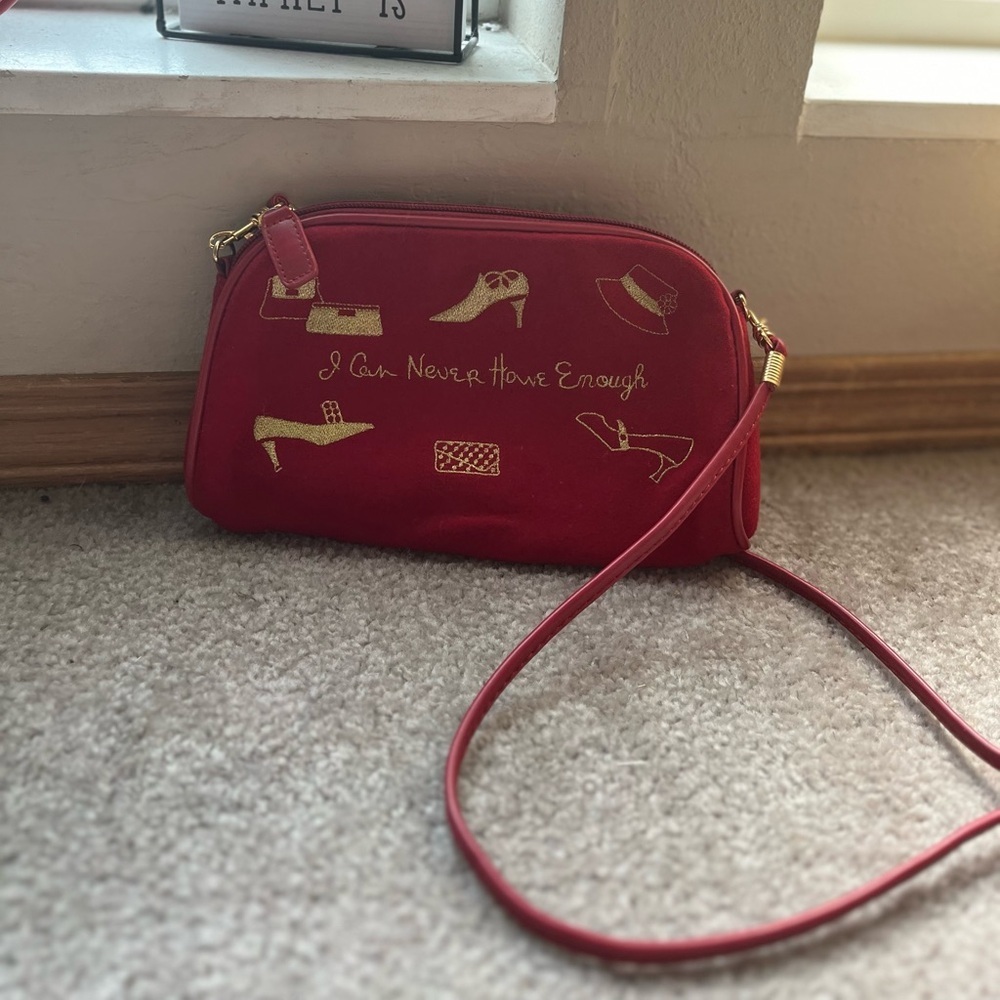 Women’s Small Cherry Red “I Can Never Have Enough” Embroidered Shoulder Bag - Picture 7 of 9